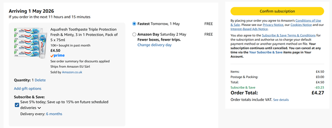 Screenshot showing Aquafresh Toothpaste Triple Protection Fresh & Minty, Pack of 5 x 75ml for £4.27 at Amazon