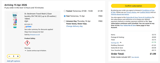 Screenshot showing Dr. Beckmann Travel Wash 100ml 3 for £1.99 at Amazon