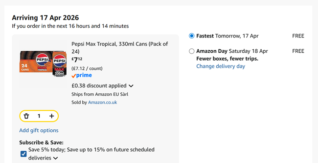 Screenshot showing Pepsi Max Tropical, 330ml Cans (Pack of 24) for £7.12 at Amazon