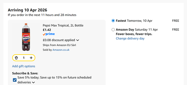 Screenshot showing Pepsi Max Tropical 2L Bottle for £1.42 at Amazon