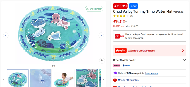 Screenshot showing Chad Valley Tummy Time Water Mat for £5 at Argos