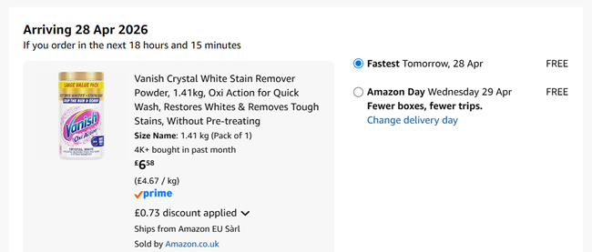 Screenshot showing Vanish Crystal White Stain Remover Powder, 1.41kg for £6.58 at Amazon
