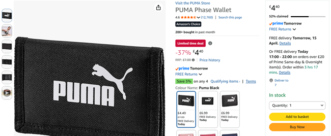 Screenshot showing PUMA Phase Wallet for £4.40 at Amazon