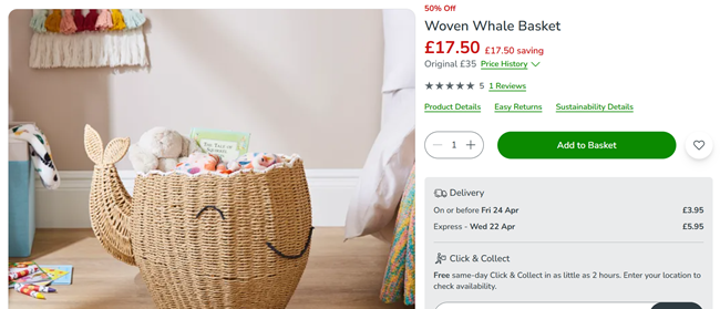 Screenshot showing Woven Whale Basket now £17.50 at Dunelm