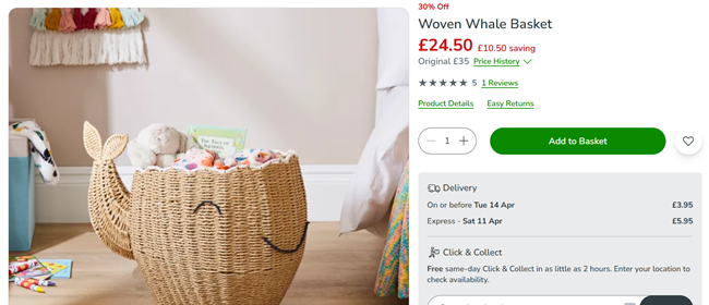 Screenshot showing Woven Whale Basket for £24.50 at Dunelm