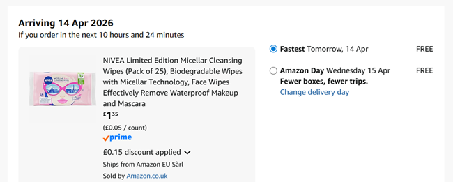 Screenshot showing Nivea Limited Edition Micellar Cleansing Wipes (Pack of 25) for £1.35 at Amazon