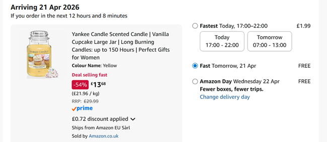 Screenshot showing Yankee Candle Vanilla Cupcake Large Jar for £13.68 at Amazon