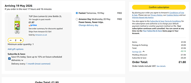 Screenshot showing 7UP Zero Lemon & Lime Bottle 2L 2 for £1.80 at Amazon