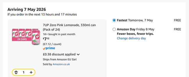 Screenshot showing 7UP Zero Pink Lemonade 24 x 330ml Can for £7.12 at Amazon