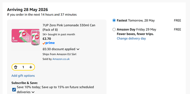 Screenshot showing 7UP Zero Pink Lemonade 330ml Can Pack of 8 for £2.70 at Amazon