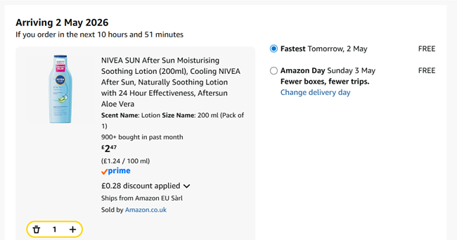 Screenshot showing NIVEA SUN After Sun Moisturising Soothing Lotion (200ml) for £2.47 at Amazon