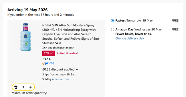 Screenshot showing NIVEA SUN After Sun Moisture Spray 200 ml for £3.14 at Amazon