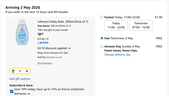Screenshot showing Johnson's Baby Bath 300ml for 90p at Amazon
