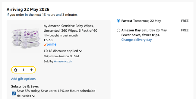 Screenshot showing by Amazon Sensitive Baby Wipes, Unscented, 360 Wipes, 6 Pack of 60 for £3.38 at Amazon