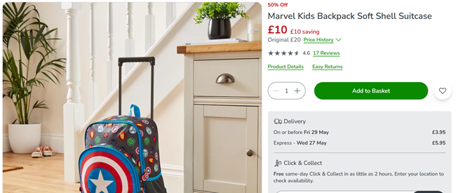Screenshot showing Disney Backpack Soft Shell Suitcase for £10 at Dunelm