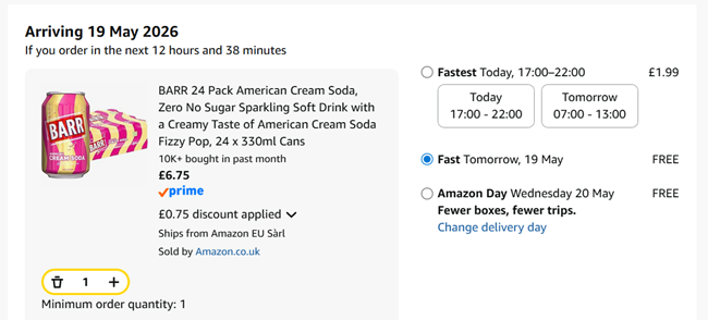 Screenshot showing BARR American Cream Soda No Sugar 24 x 330ml Cans for £6.75 at Amazon