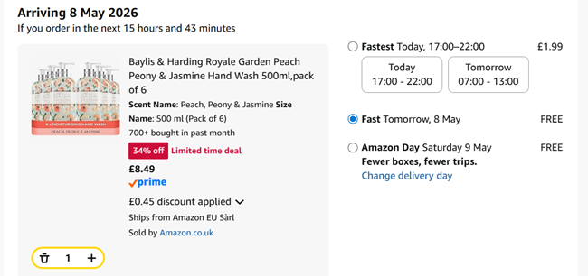 Screenshot showing Baylis & Harding Royale Garden Peach Peony & Jasmine Hand Wash, 500 ml (Pack of 6) for £8.49 at Amazon