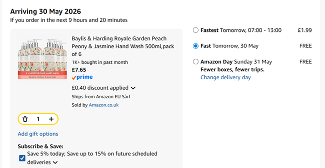 Screenshot showing Baylis & Harding Royale Garden Peach Peony & Jasmine Hand Wash, 500 ml (Pack of 6) for £7.65 at Amazon