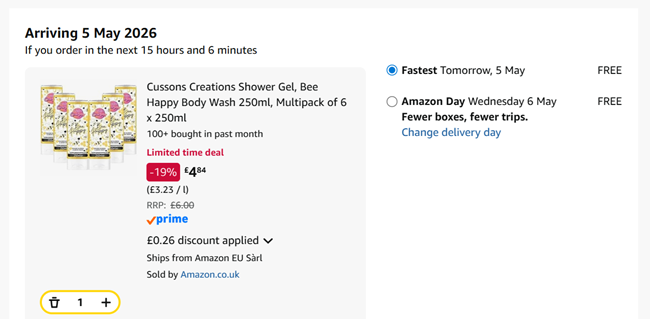 Screenshot showing Cussons Creations Shower Gel, Bee Happy Body Wash 250ml, Multipack of 6 x 250ml for £4.84 at Amazon