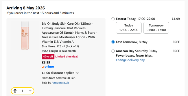 Screenshot showing Bio Oil Body Skin Care Oil 125ml for £8.99 at Amazon