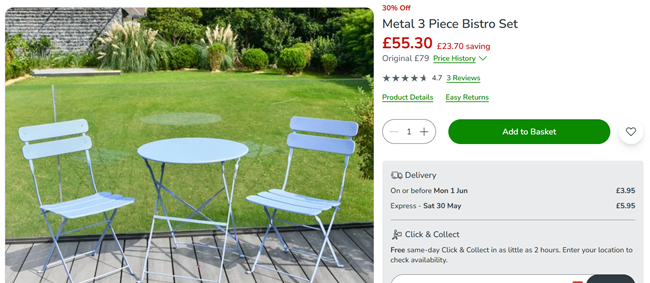 Screenshot showing Metal 3 Piece Bistro Set for £55.30 at Dunelm