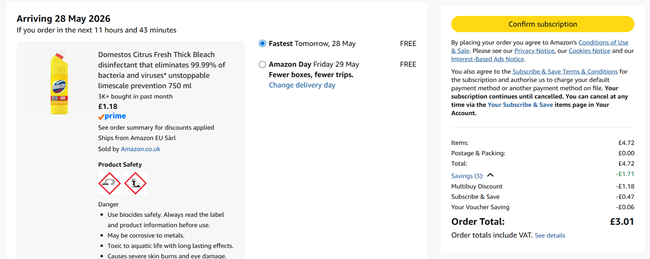 Screenshot showing Domestos Citrus Fresh Thick Bleach 750ml 4 for £3.01 at Amazon