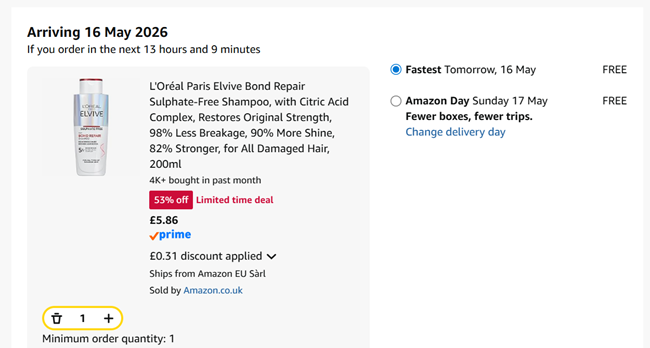 Screenshot showing L'Oréal Paris Elvive Bond Repair Shampoo at Amazon