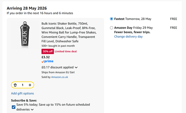 Screenshot showing Bulk Iconic Shaker Bottle, 750ml, Gunmetal Black for £3.32 at Amazon