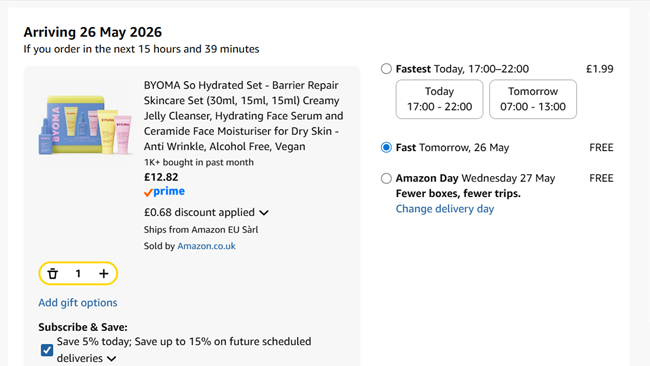 Screenshot showing BYOMA So Hydrated Starter Kit for £12.82 at Amazon