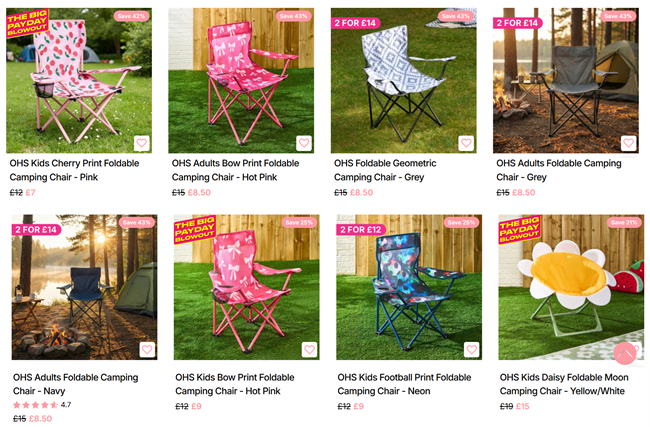 Screenshot showing Camping Chairs at Online Home Shop
