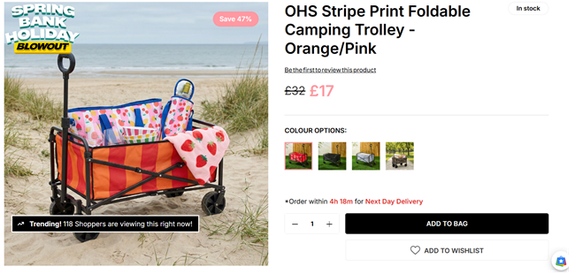 Screenshot showing Stripe Print Foldable Camping Trolley for £17 at Online Home Shop