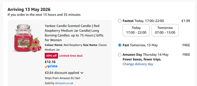 Screenshot showing Yankee Candle Red Raspberry Medium Jar Candle for £12.16 at Amazon