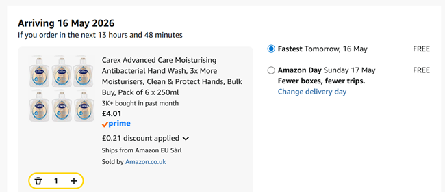 Screenshot showing Carex Advanced Care Moisturising Antibacterial Hand Wash, Pack of 6 x 250ml for £4.01 at Amazon