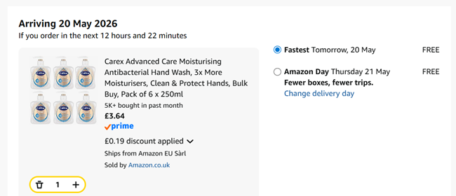 Screenshot showing Carex Advanced Care Moisturising Antibacterial Hand Wash, Pack of 6 x 250ml for £3.64 at Amazon
