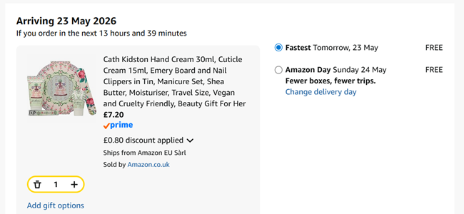 Screenshot showing Cath Kidston Manicure Tin Gift Set for £7.20 at Amazon