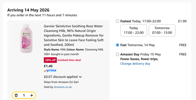 Screenshot showing Garnier SkinActive Soothing Rose Water Cleansing Milk 200ml for £1.40 at Amazon