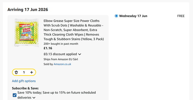 Screenshot showing Elbow Grease Super Size Power Cloths With Scrub Dots for £1.16 at Amazon