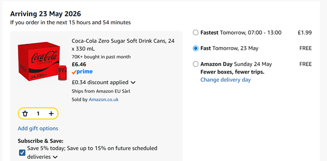 Screenshot showing Coca-Cola Zero Sugar Soft Drink Cans, 24 x 330 ml for £6.46 at Amazon