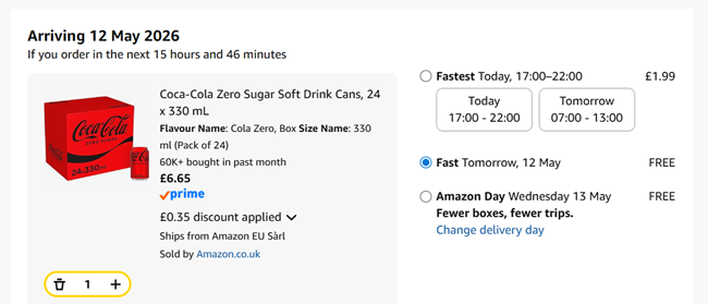 Screenshot showing Coca-Cola Zero Sugar Soft Drink Cans, 24 x 330 ml for £6.65 at Amazon