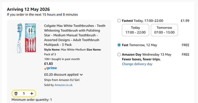 Screenshot showing Colgate Max White Medium Toothbrushes 3 Pack for £1.83 at Amazon