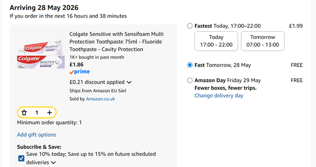 Screenshot showing Colgate Sensitive with Sensifoam Multi Protection Toothpaste 75ml for £1.86 at Amazon