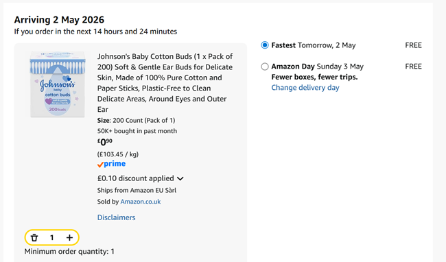 Screenshot showing Johnson's Baby Cotton Buds (1 x Pack of 200) for 90p at Amazon