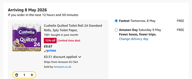 Screenshot showing Cushelle Quilted Toilet Roll 24 Standard Rolls for £9.67 at Amazon