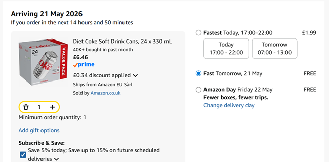 Screenshot showing Diet Coke Cans 24 x 330 ml for £6.46 at Amazon