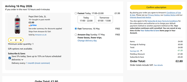 Screenshot showing Pepsi Diet Cola 2L Bottle 2 for £2.80 at Amazon