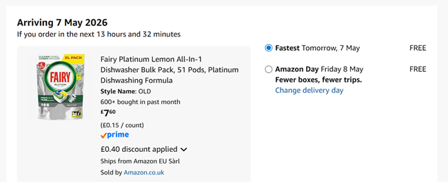 Screenshot showing Fairy Platinum Lemon All-In-1 Dishwasher 51 Pods for £7.60 at Amazon