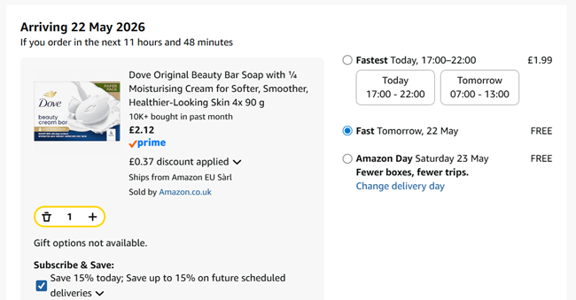 Screenshot showing Dove Original Beauty Bar Soap 4 x 90g for £2.12 at Amazon