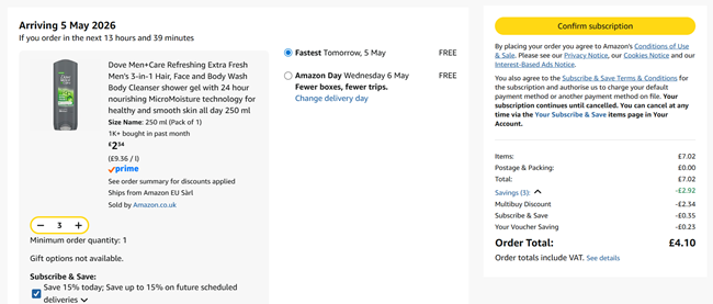 Screenshot showing Dove Men+Care Refreshing Extra Fresh Men's 3-in-1 Hair, Face and Body Wash 250ml 3 for £4.10 at Amazon