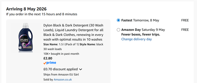 Screenshot showing Dylon Black & Dark Colour Liquid Laundry Detergent 30 Wash for £2.80 at Amazon