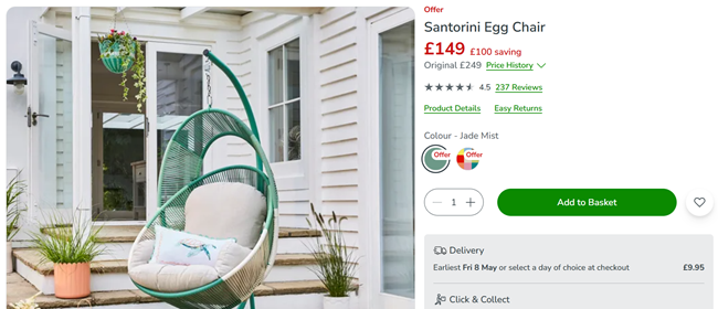 Screenshot showing Santorini Egg Chair at Dunelm